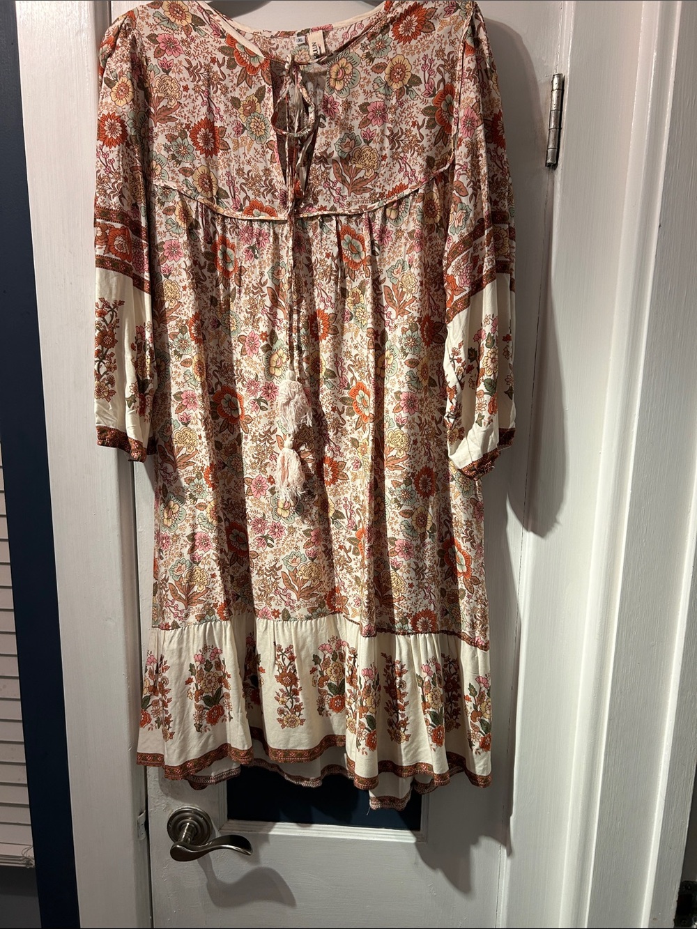 Bohemian Midi Dress with Tie-Neck in Cream and Rust Floral